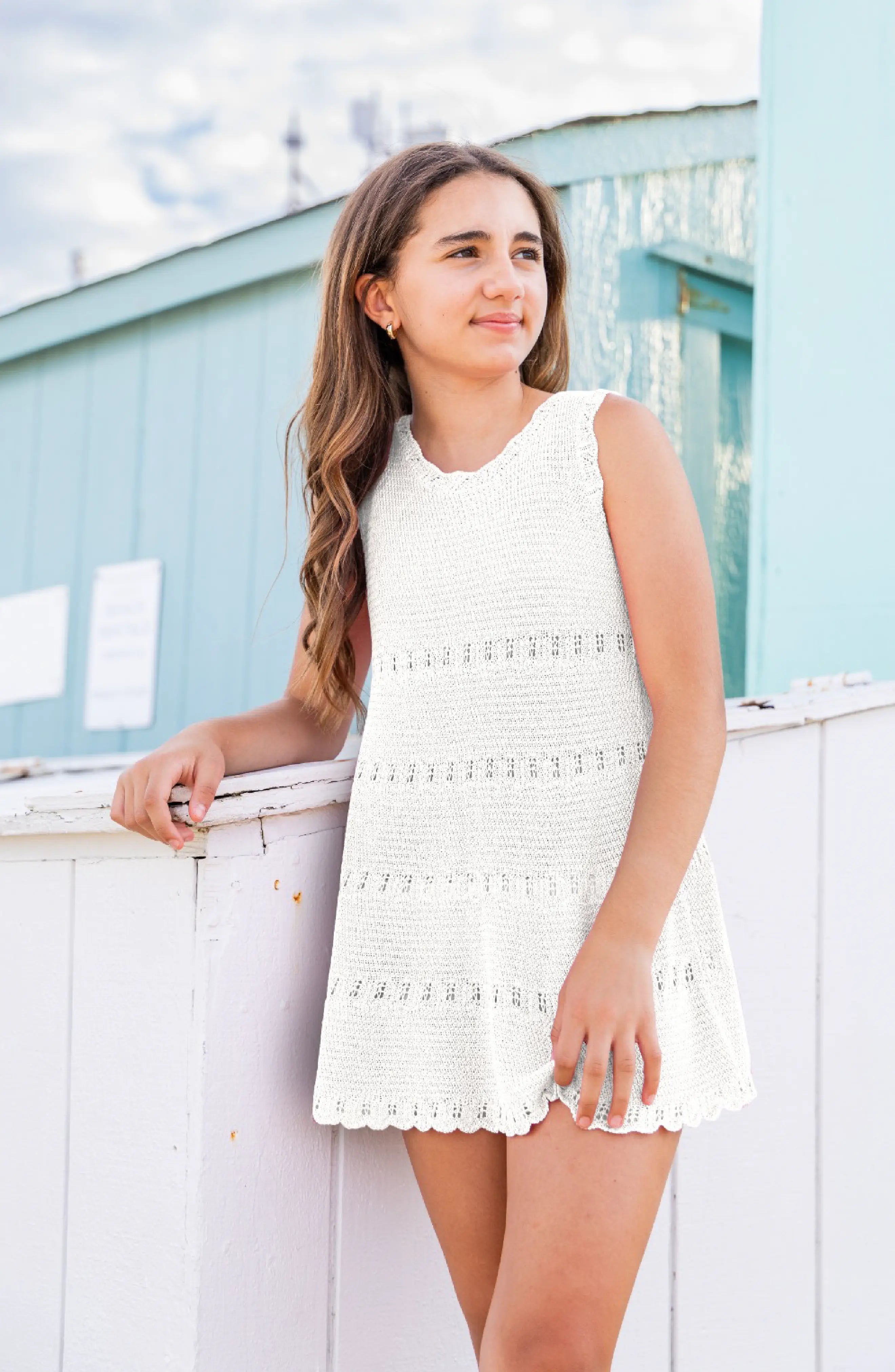 crochet panel cami flare dress Cali Summer Beach in White 82cm / 32.28in Studio goTIELESS Ultimate Dress Shirt Color:Black Flower belt-sash