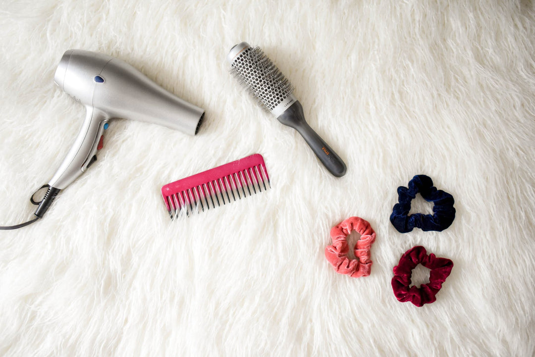 hair brush, scrunchies and other hair tools