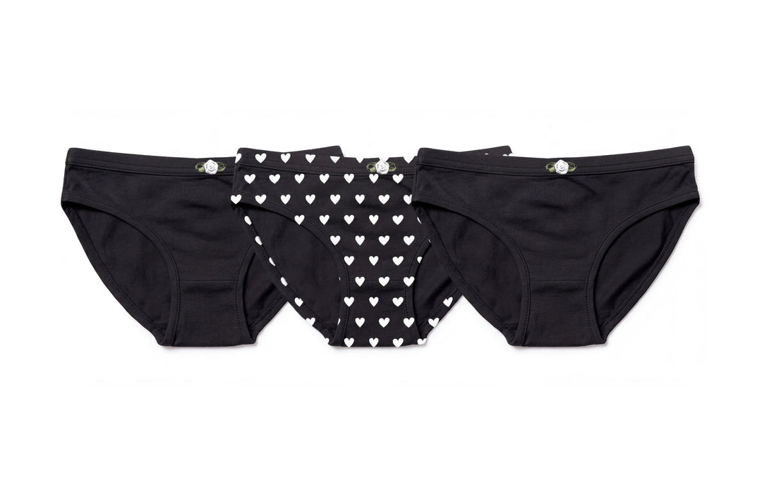 Girls Underwear 3 Piece Set - Black & White Hearts & 2 Solid Black