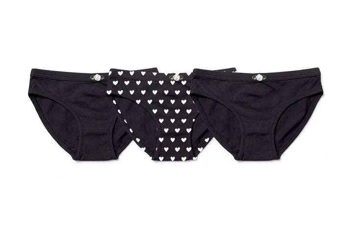 Girls Underwear 3 Piece Set - Black & White Hearts & 2 Solid Black