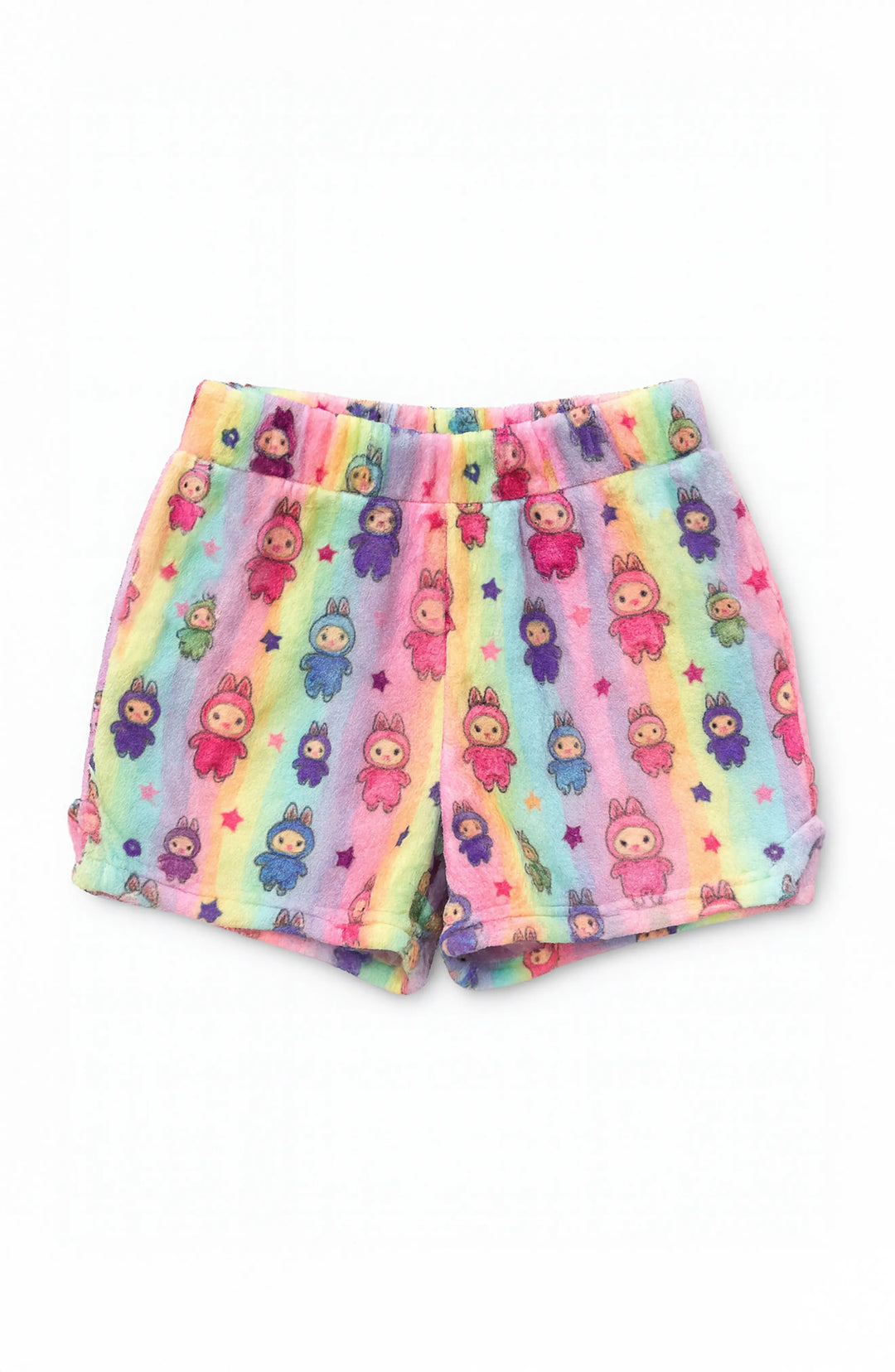 Colorful plush lounge shorts with a pattern on a white background