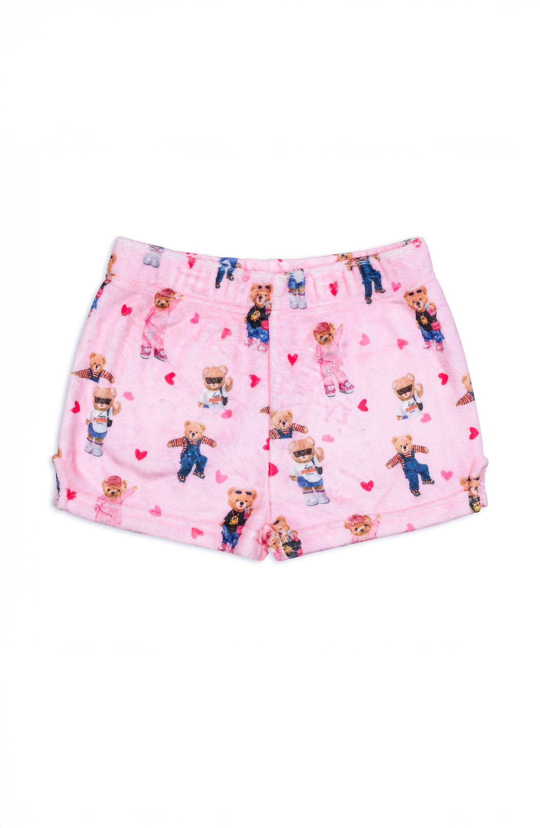 Pink shorts with teddy bear pattern on a white background