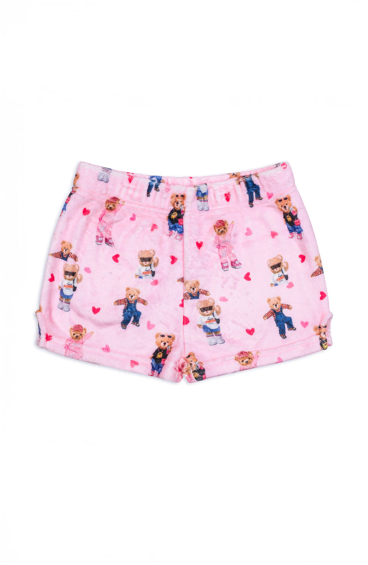 Pink shorts with teddy bear pattern on a white background