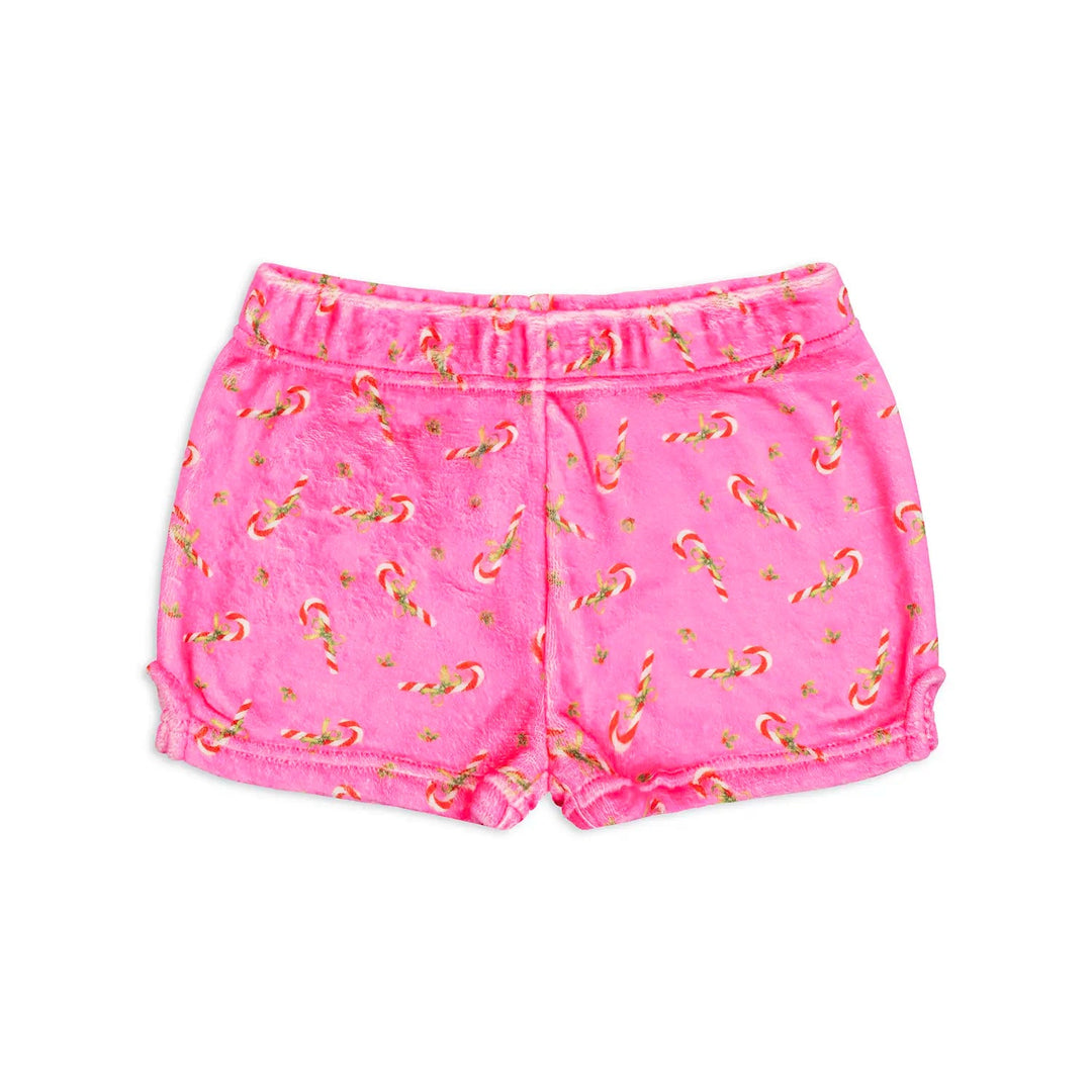 Pink shorts with candy cane pattern on a white background
