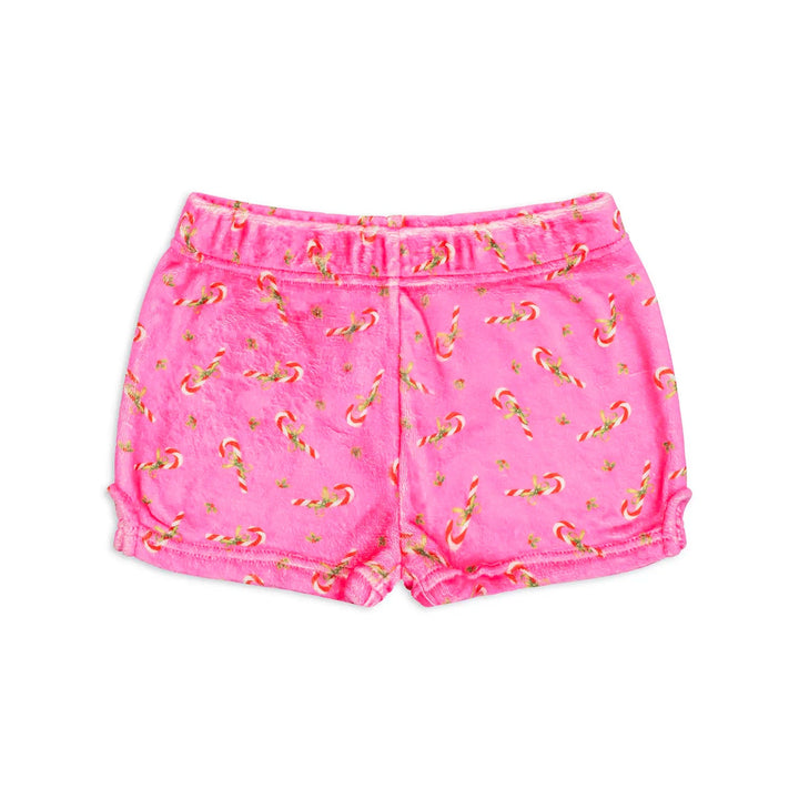Pink shorts with candy cane pattern on a white background
