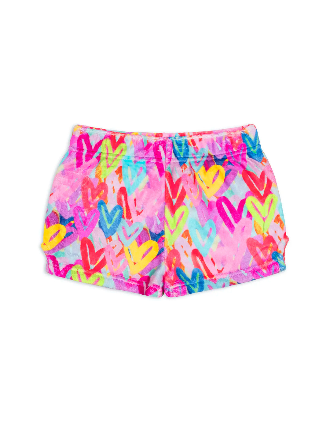 Colorful shorts with graffiti heart print on a white background