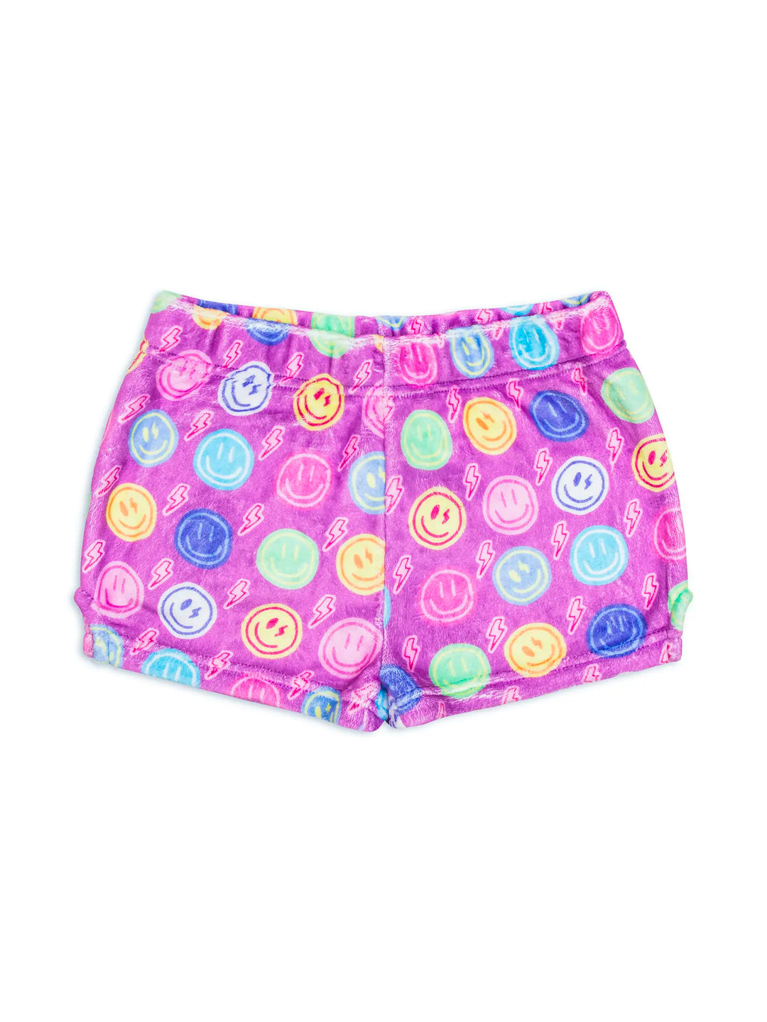 Colorful smiley face printed shorts on a white background