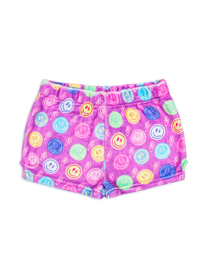 Colorful smiley face printed shorts on a white background