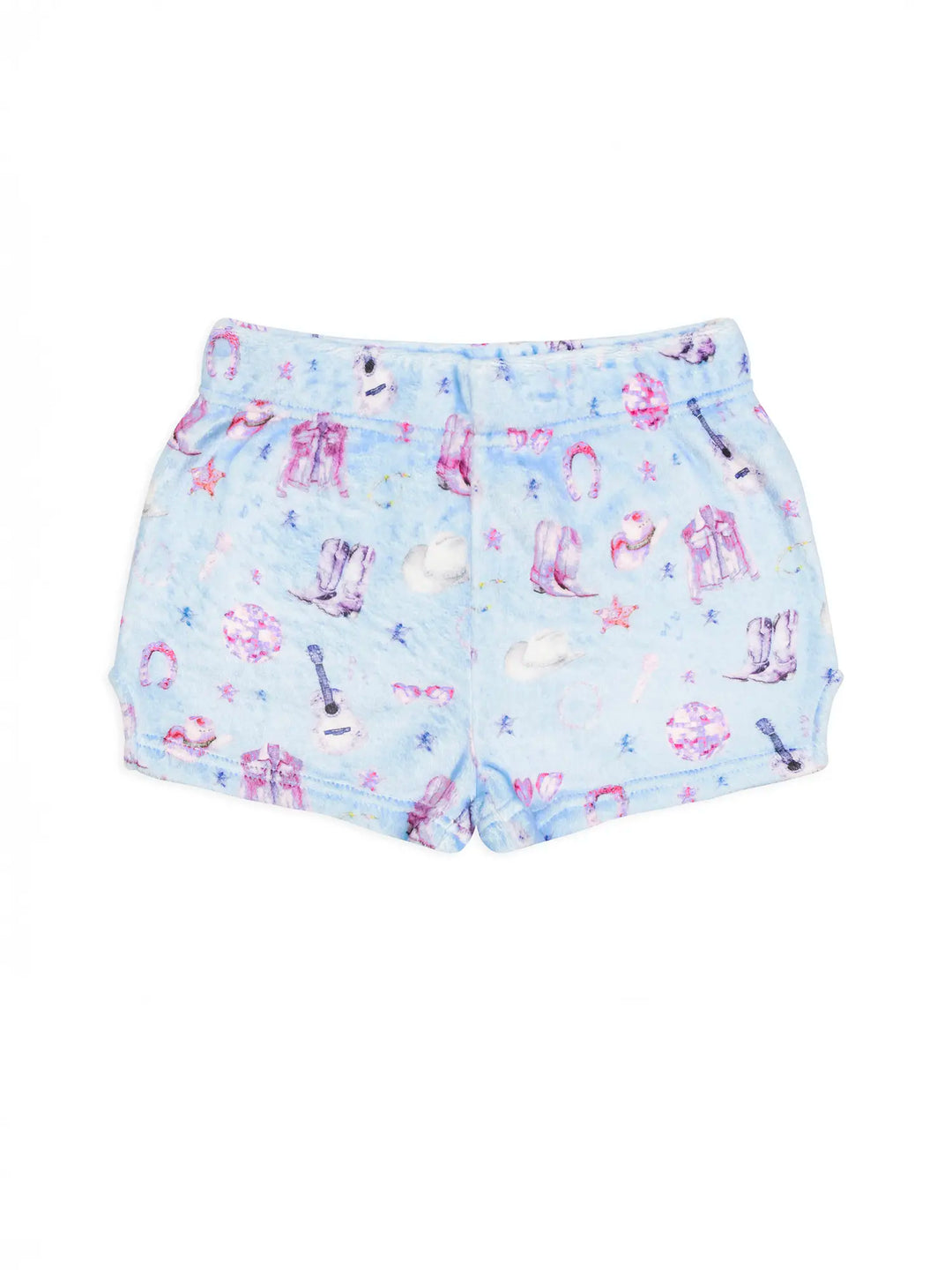 Light blue shorts with pink and purple wild west print on a white background