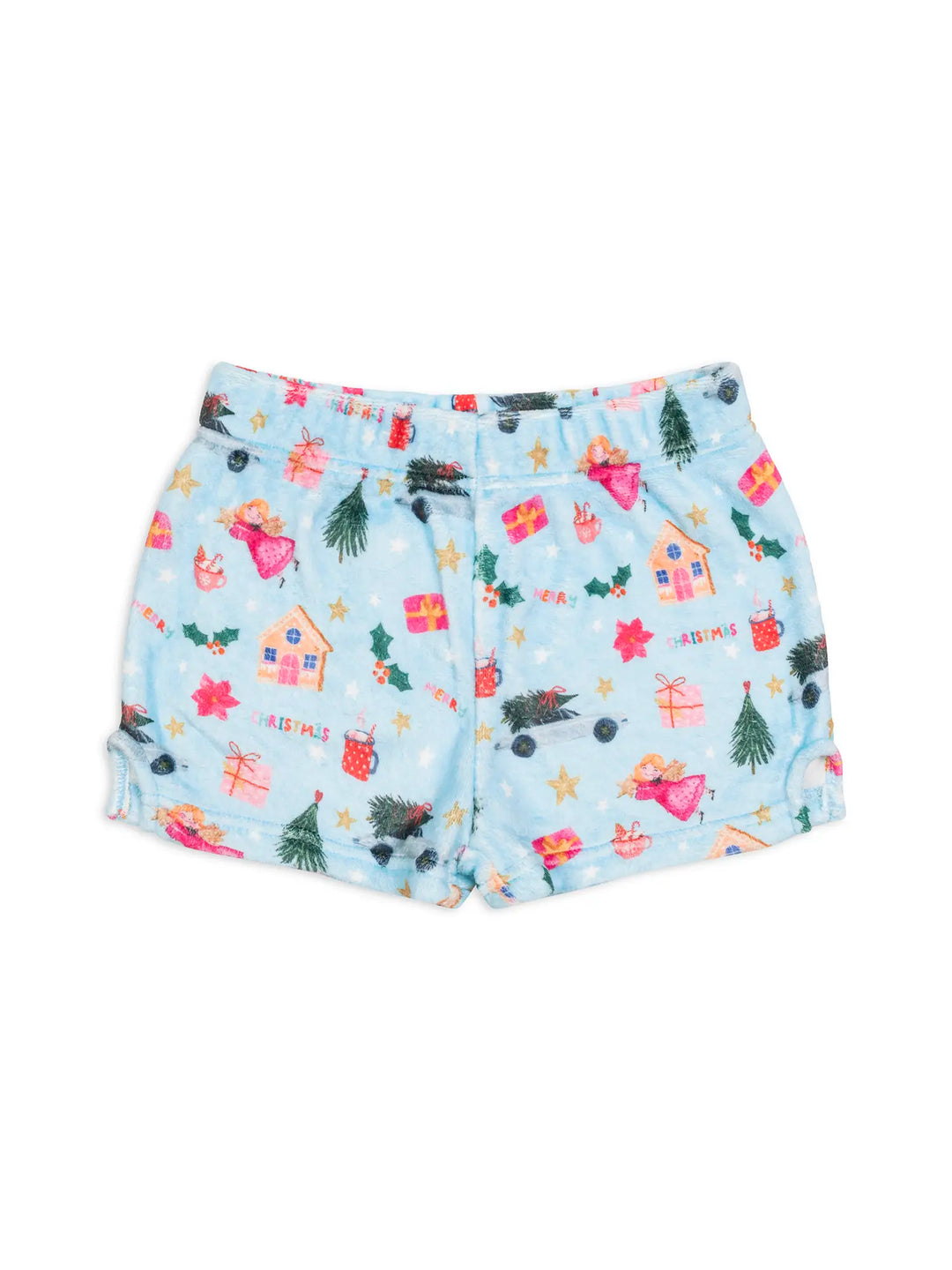 Light blue shorts with Christmas print on a white background