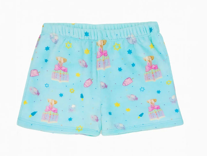 Light blue shorts with Hanukkah pattern on a white background