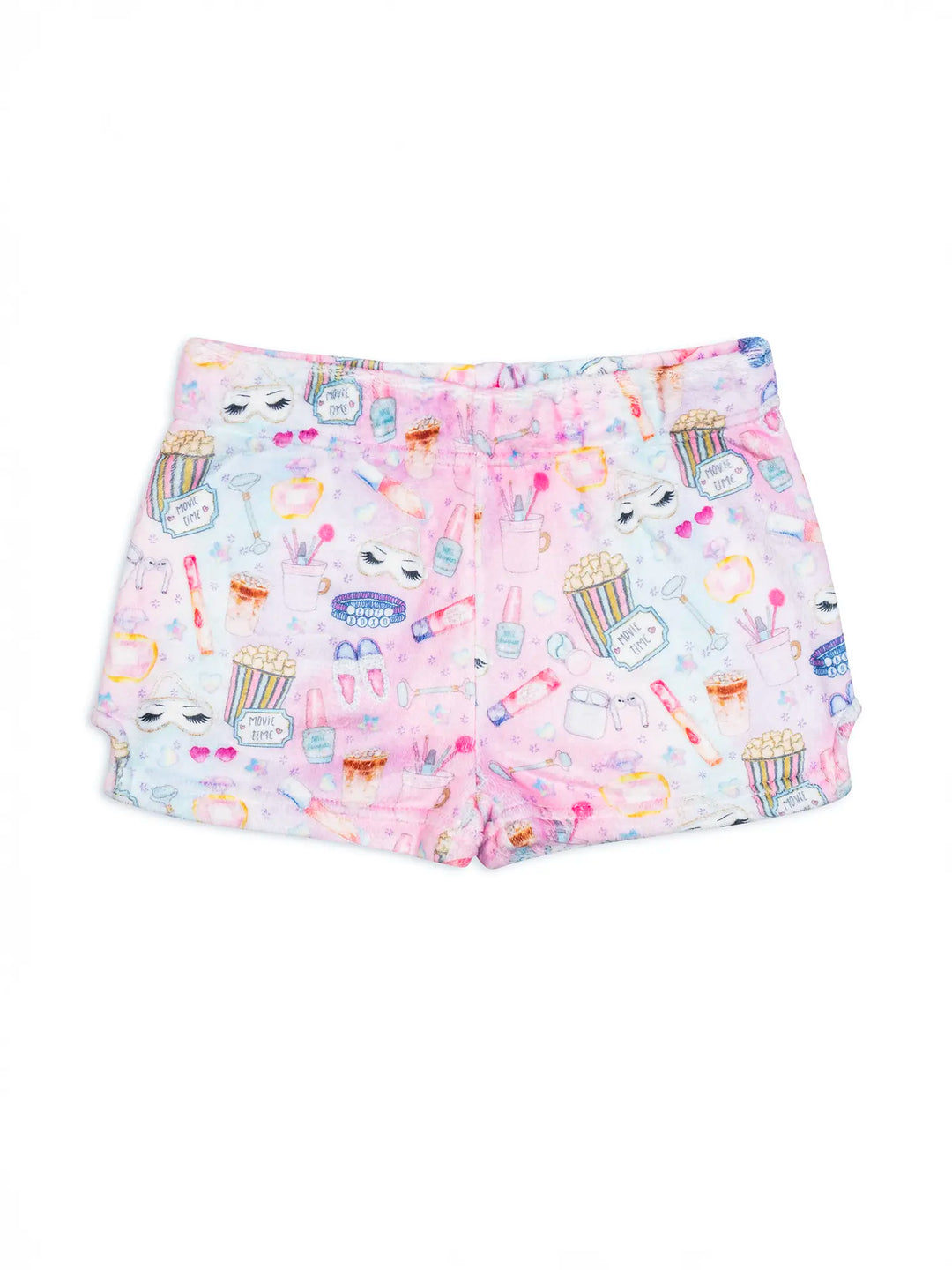 Shorts with colorful sleepover pattern on a white background