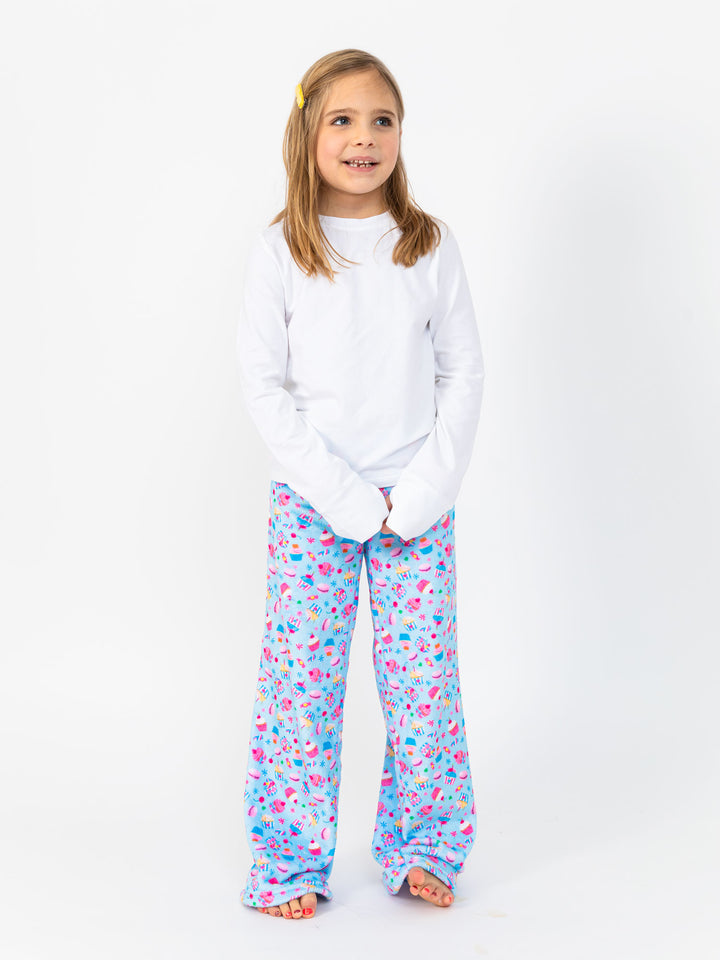 girls light blue plush loungewear pant in cupcake print