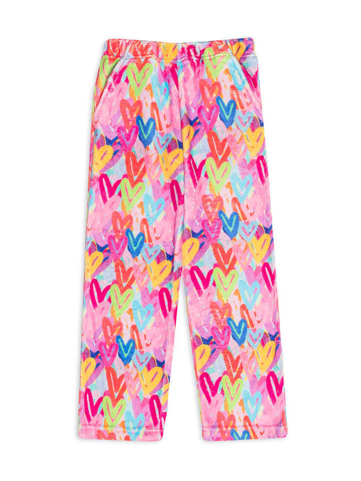 Colorful heart-patterned plush lounge pants on a white background
