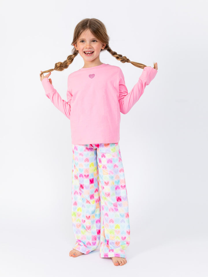 girls plush loungewear pant in pastel heart print