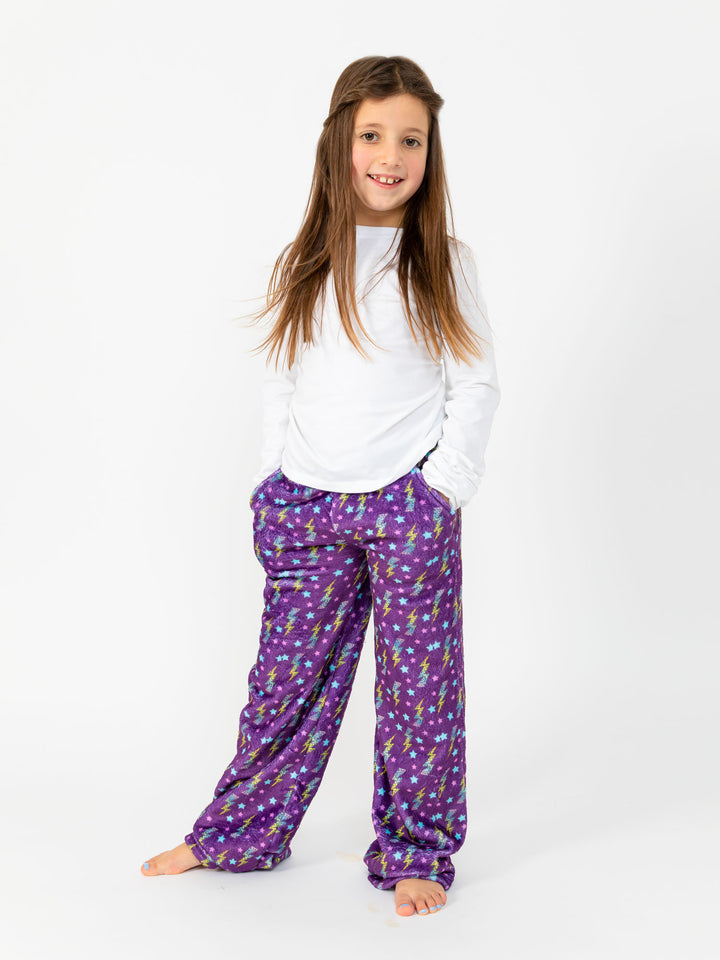 girls purple plush loungewear pant in lightning bolt print