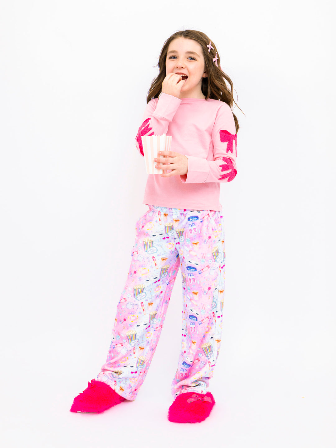 colorful printed plush pajama bottoms with sleepover girl print