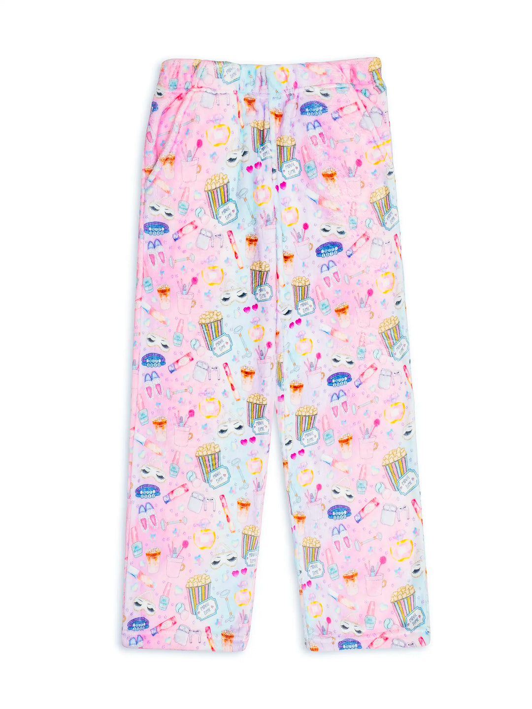 Pink pajama pants with colorful sleepover icon pattern on a white background