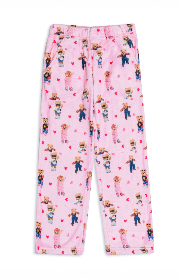 plush light pink lounge pantswith teddy baer print