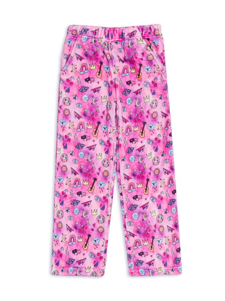magenta plush pajama pants with colorful doodle print on a white background