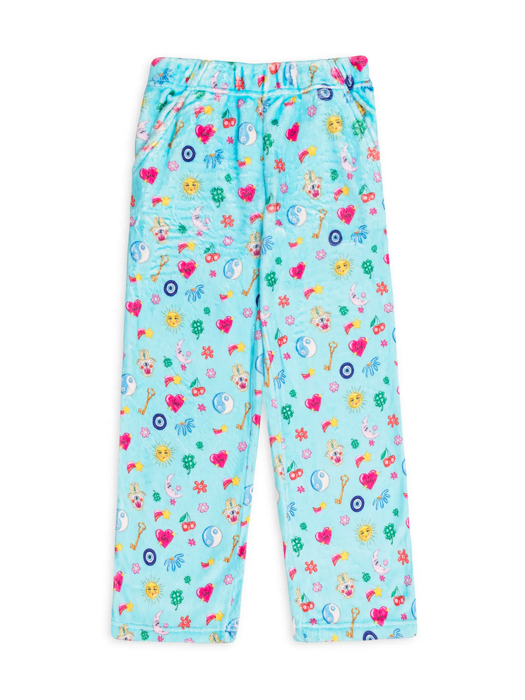 light blue plush lounge pants with lucky charm print allover