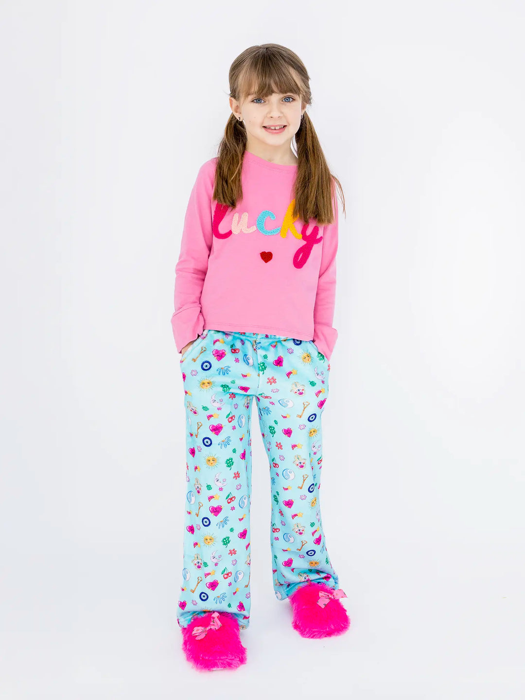 blue lucky charm printed plush lounge pants