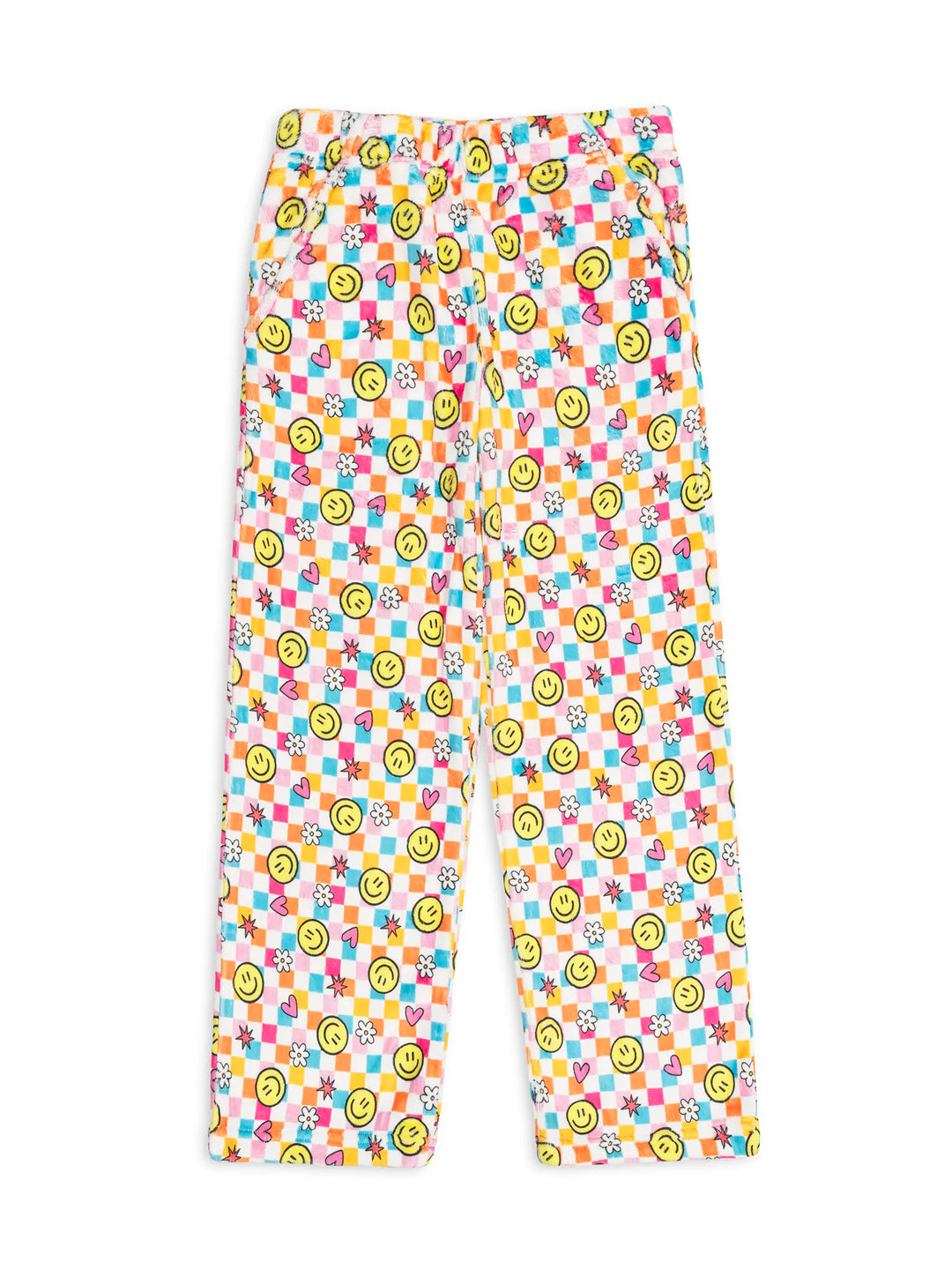 Colorful pajama pants with smiley face and pattern design on a white background