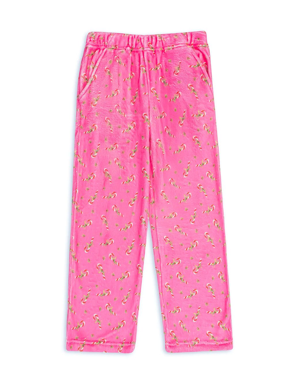 Pink pajama plush lounge pants with candy cane patterns on a white background