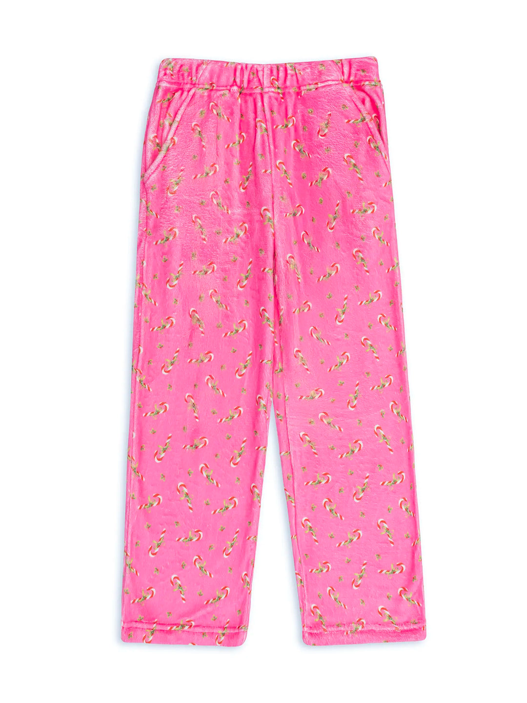 Pink pajama plush lounge pants with candy cane patterns on a white background