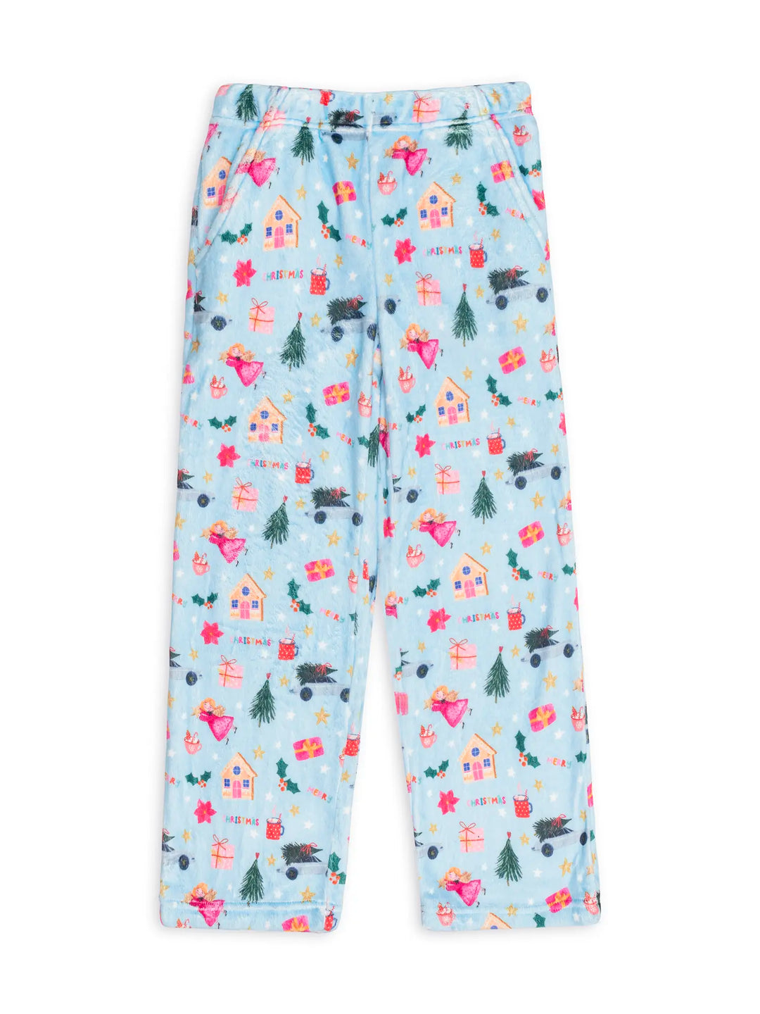 Children's plush loungewear pants with a festive Christmas print on a light blue background