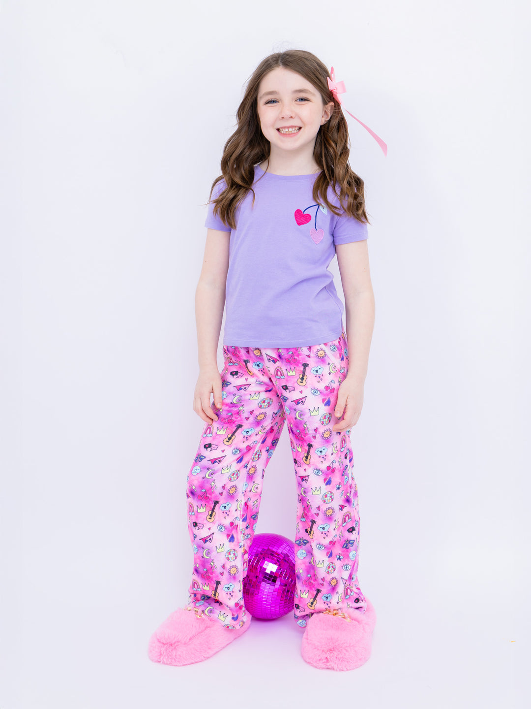 magenta plush pants with doodle print
