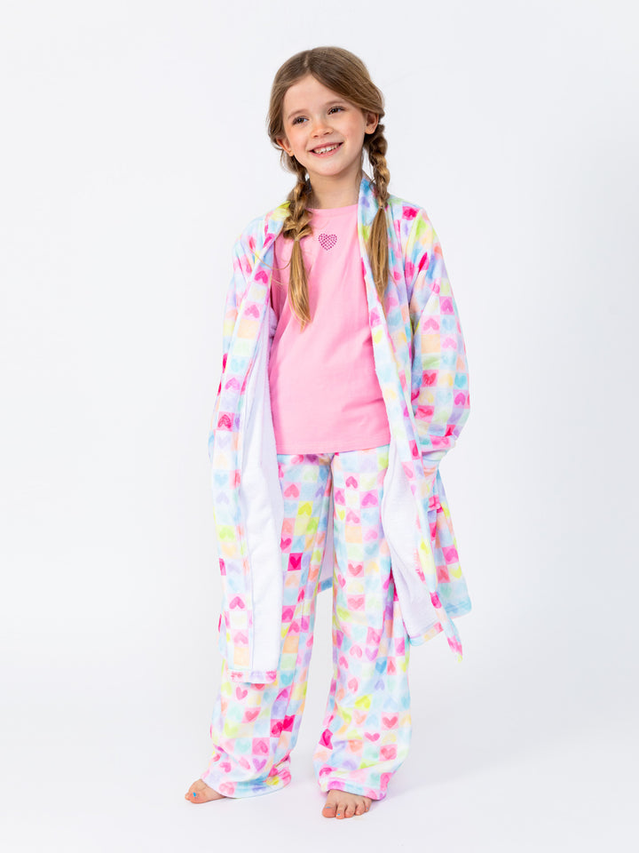 girls pastel plush robe in hearts print