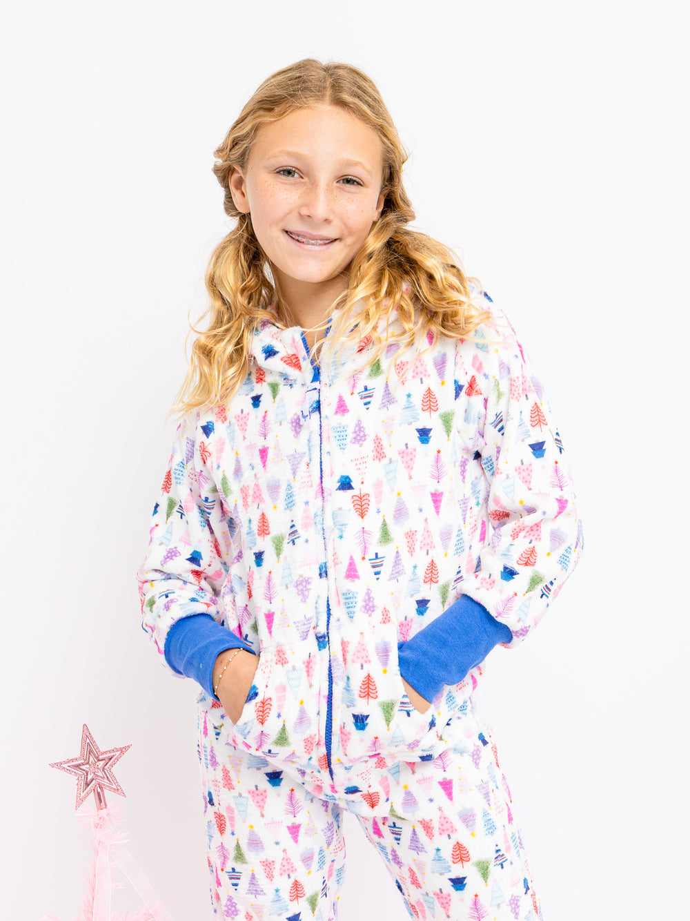 girls plush onesie in christmas tree print