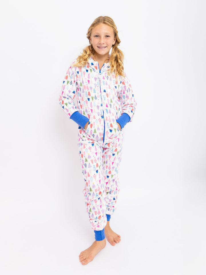 girls plush onesie in christmas tree print