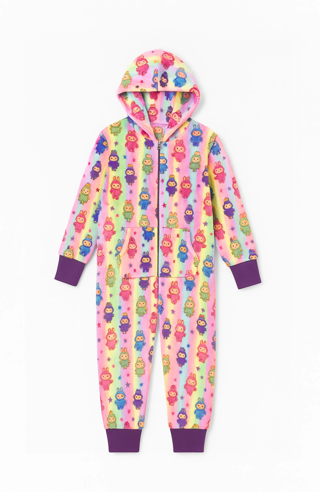 Colorful onesie with fuzzy doll character pattern on a rainbow background