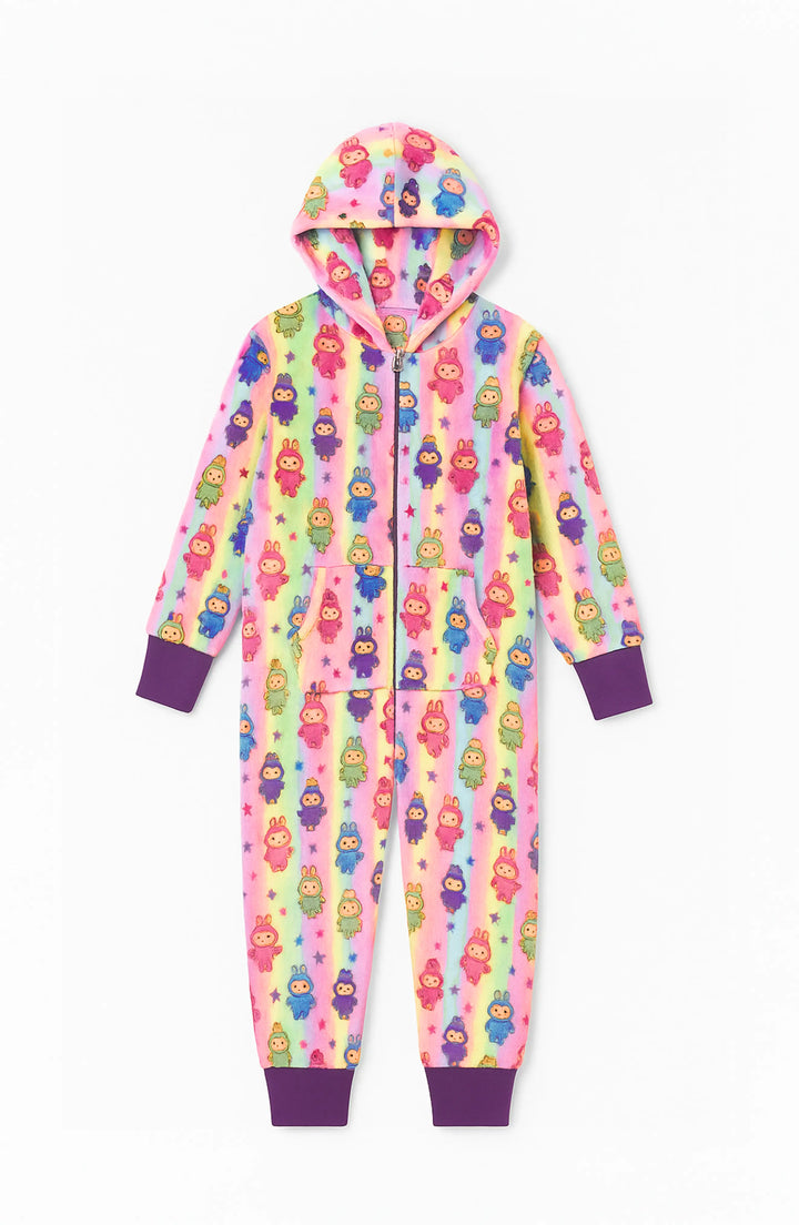 Colorful onesie with fuzzy doll character pattern on a rainbow background