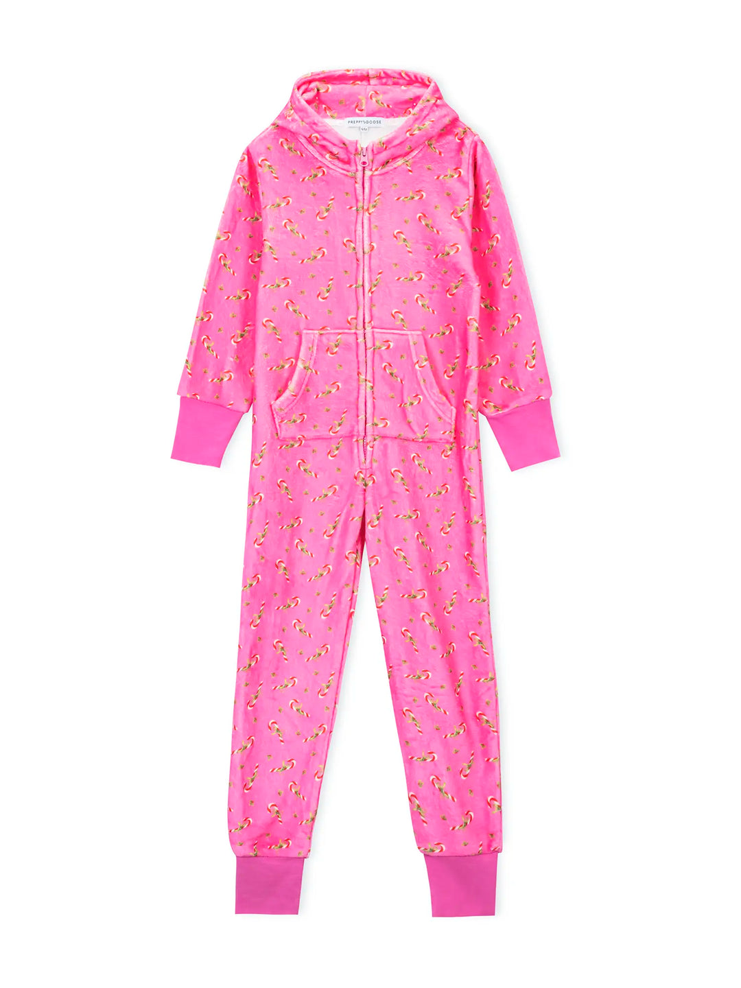 Pink onesie with candy cane print on a white background