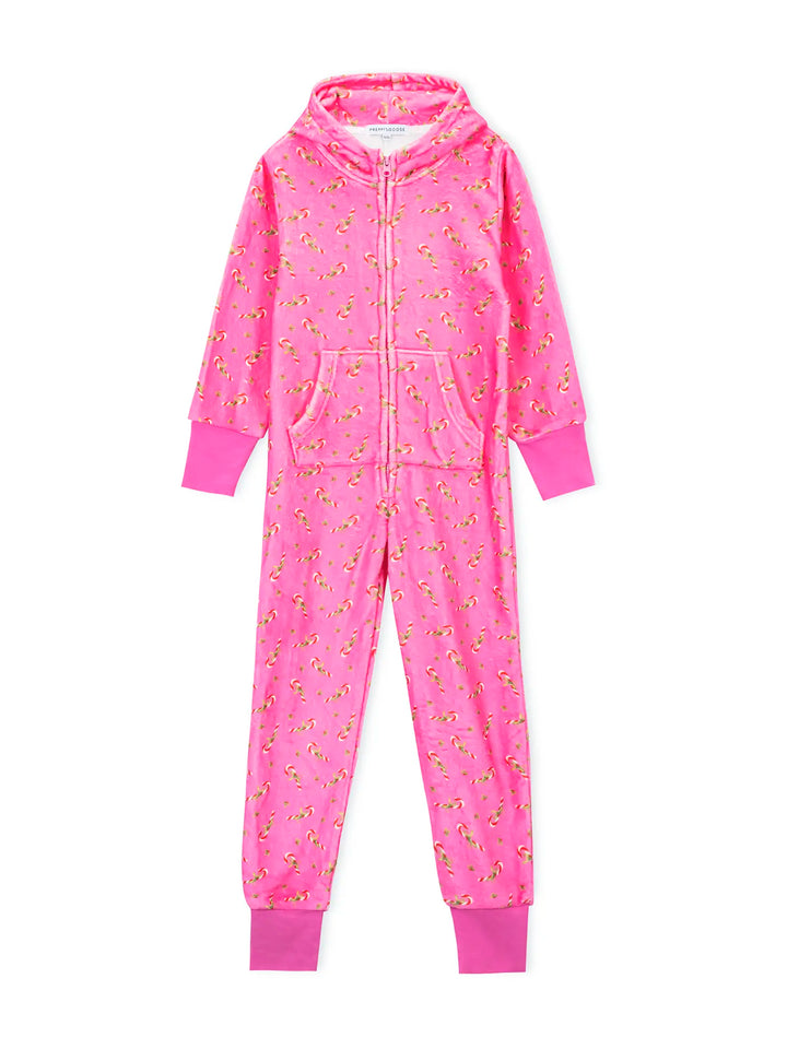 Pink onesie with candy cane print on a white background