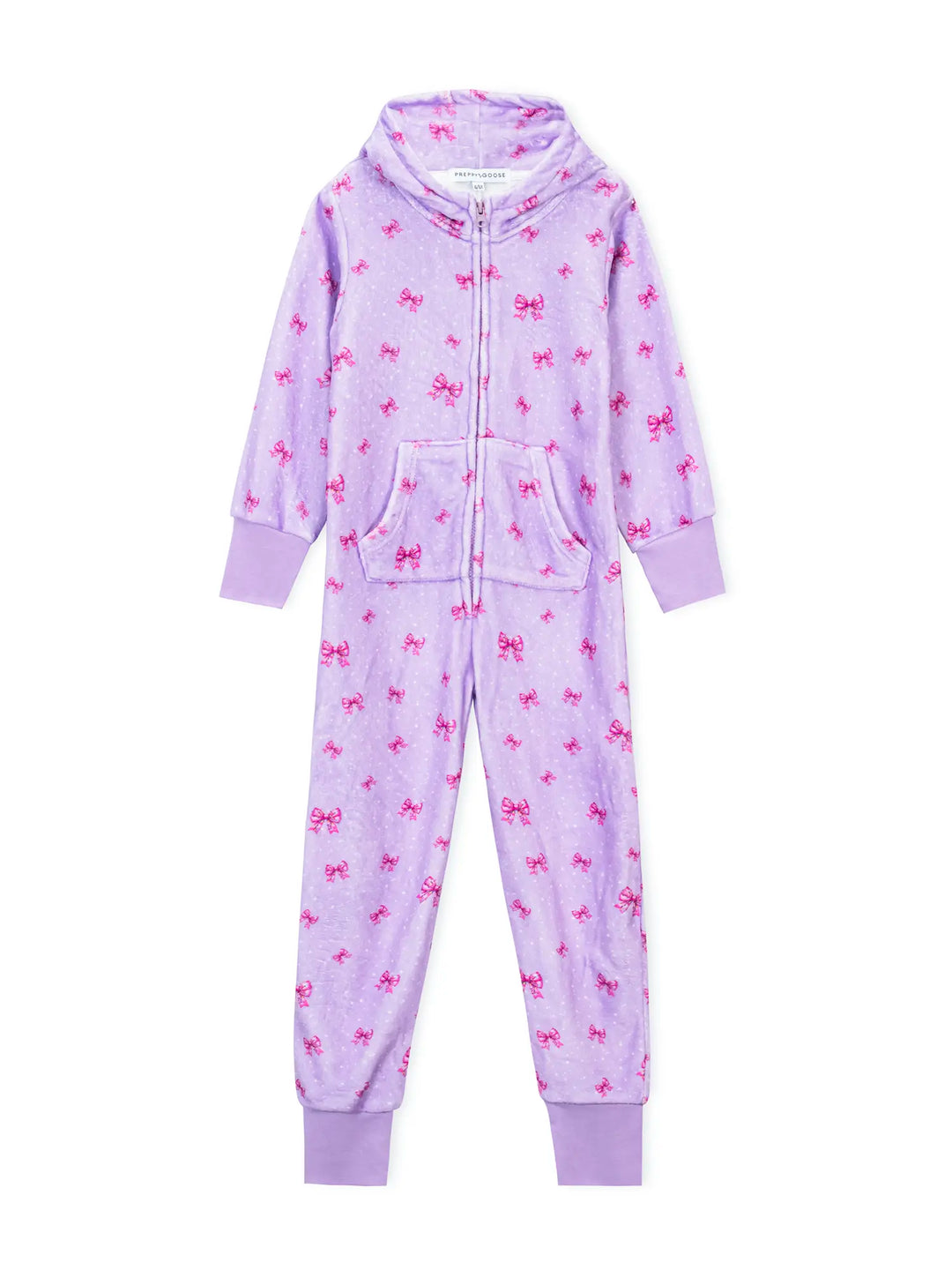 Purple onesie with pink bow pattern on a white background