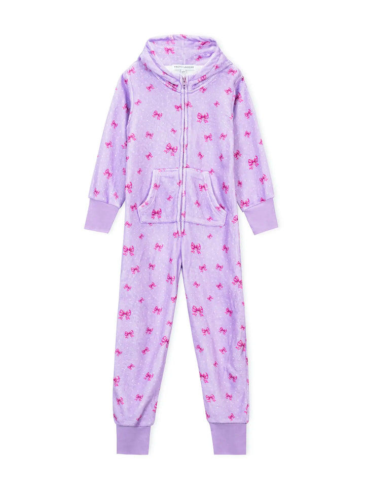 Purple onesie with pink bow pattern on a white background
