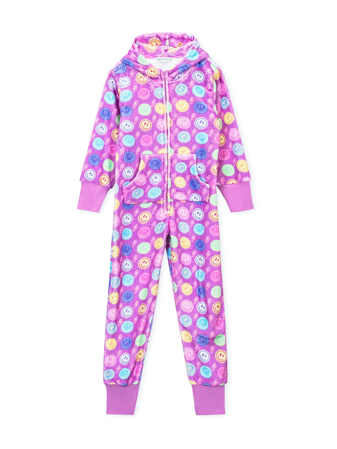 Purple onesie with smiley face pattern on a white background