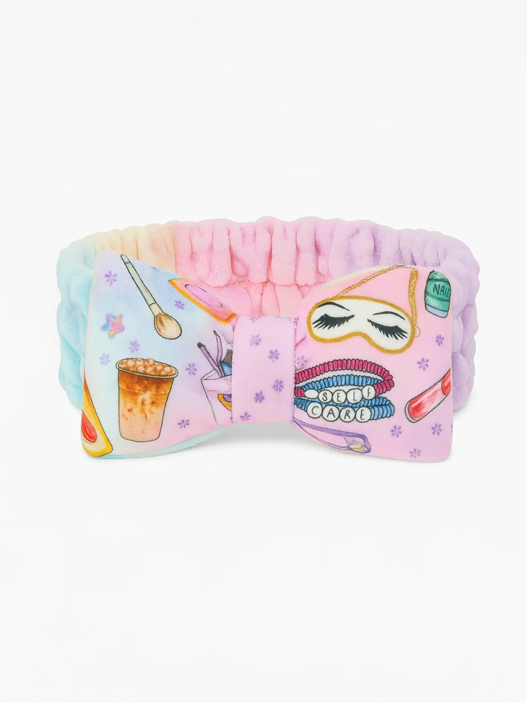 plush spa headband wit bow with sleepover print
