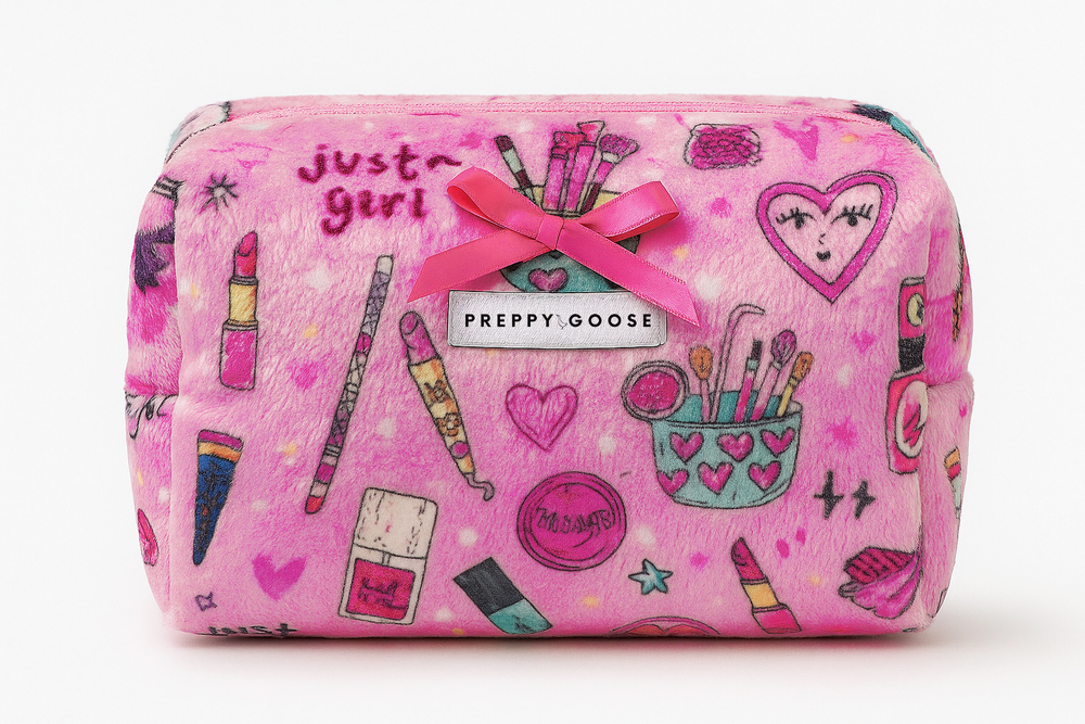 Pink cosmetic bag with makeup illustrations and 'Preppy Goose' branding on a white background
