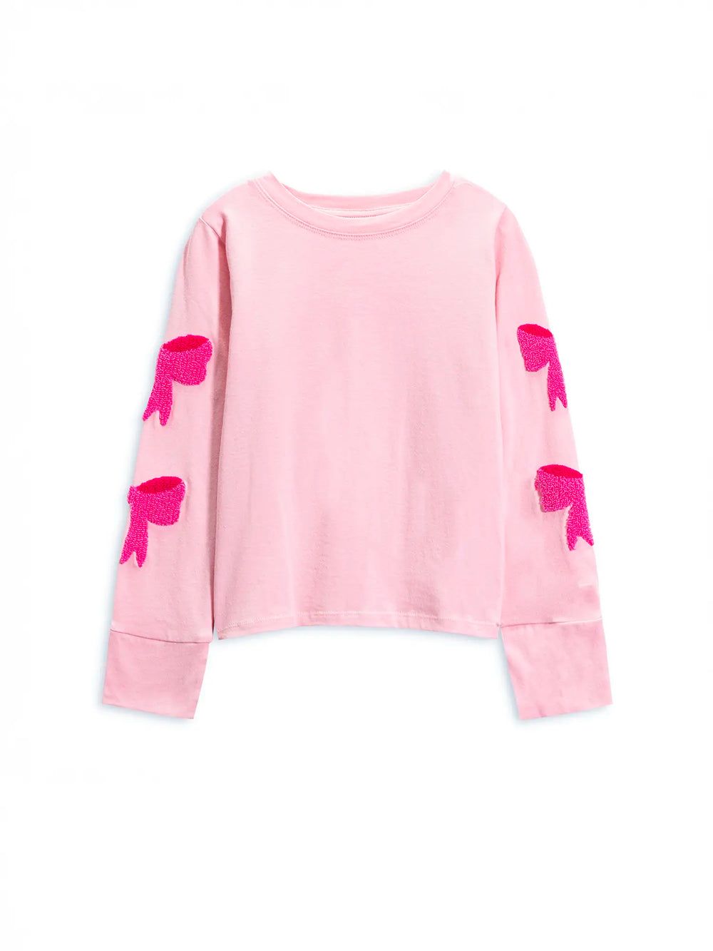 Pink long sleeve top with bow designs on sleeves against a white background