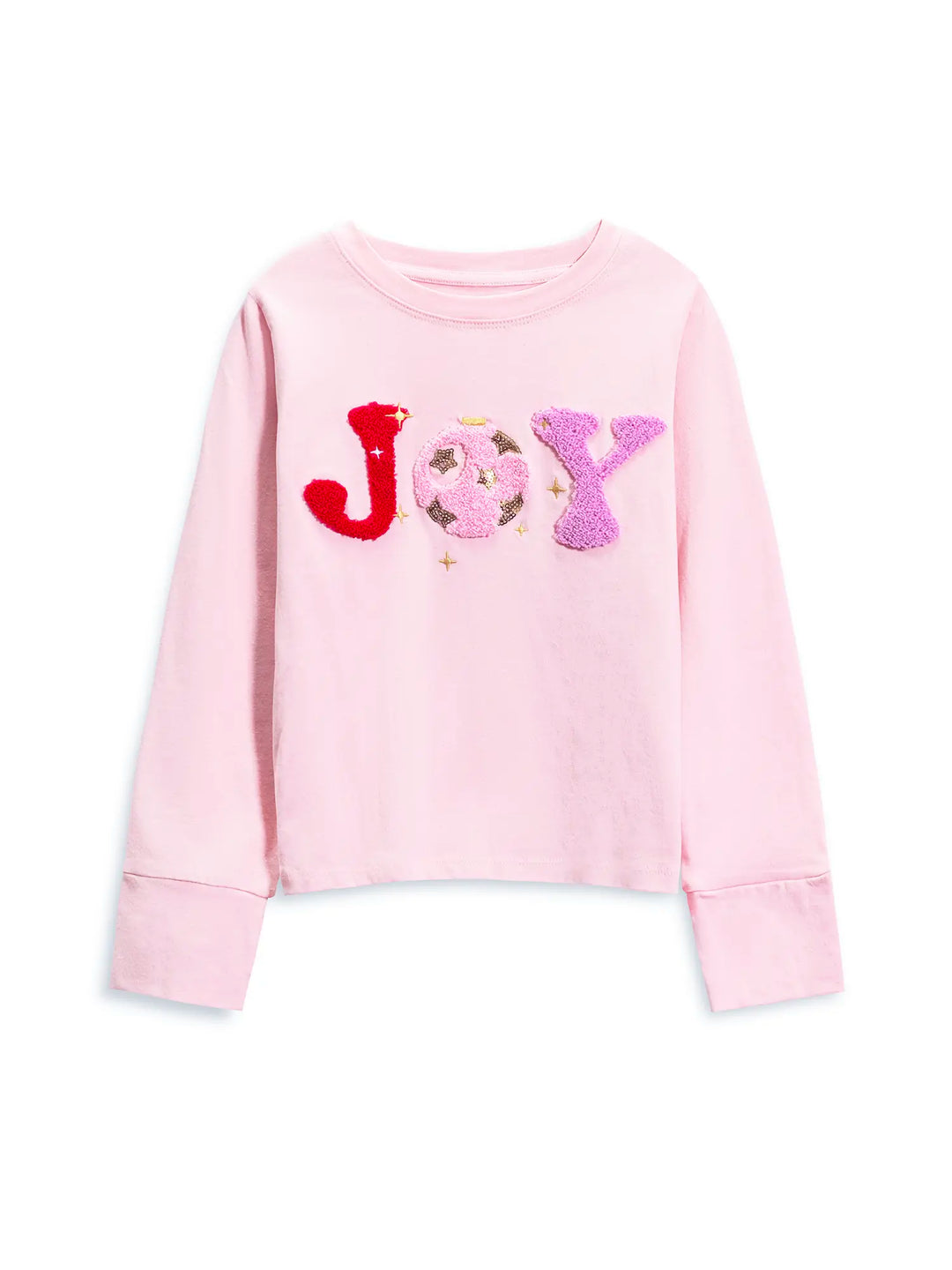 Pink sweatshirt with 'JOY' text on a white background