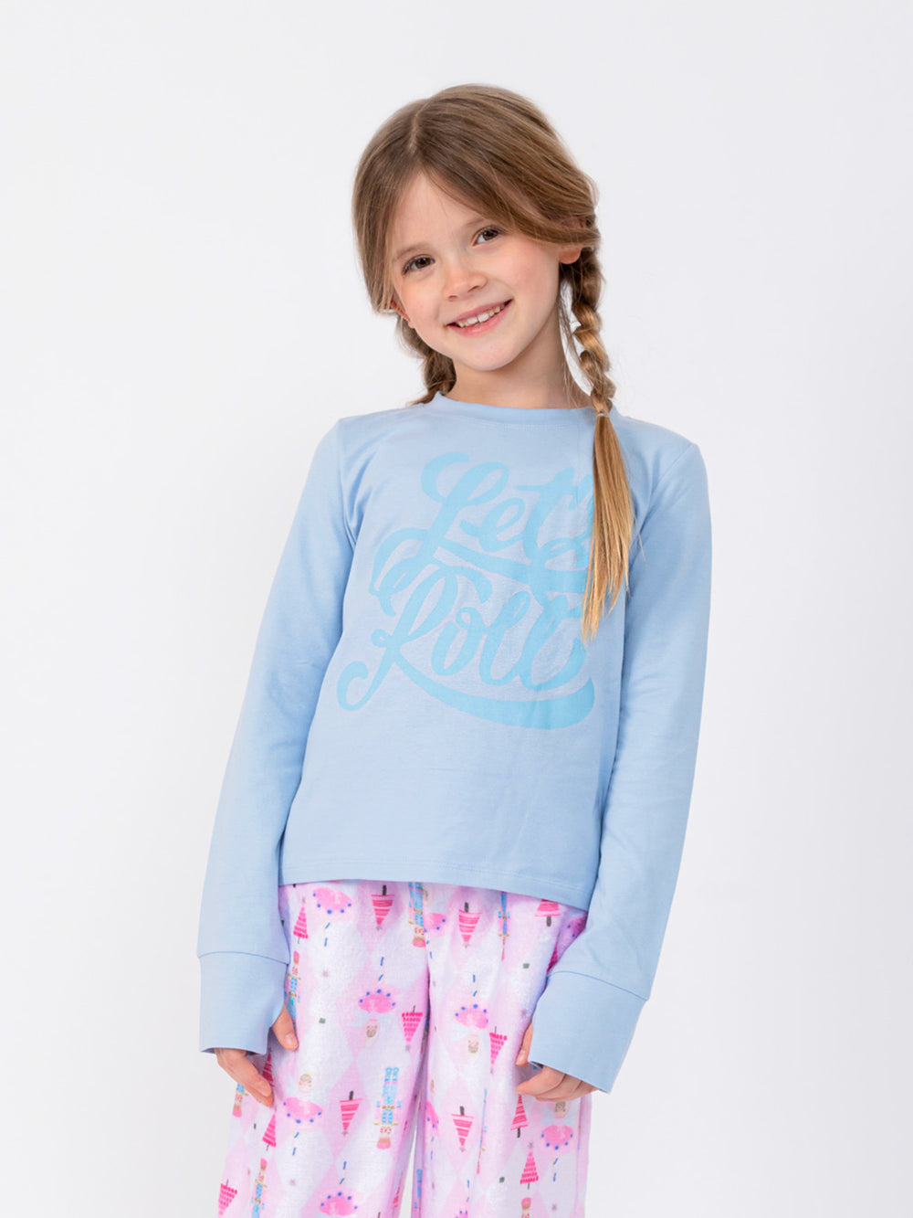 girls long sleeve light blue let’s roll graphic t-shirt