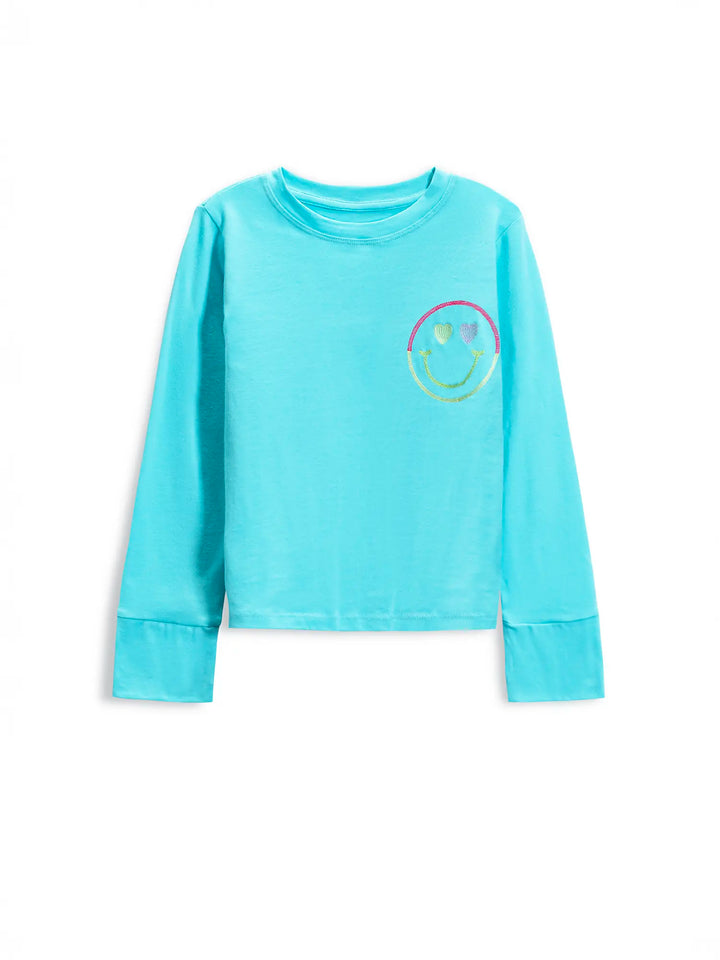 Light blue long-sleeve shirt with a smiley face design on a white background