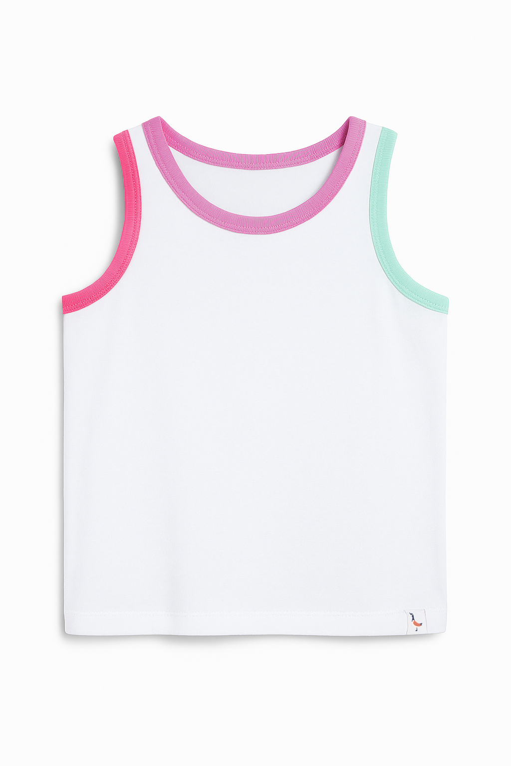 White tank top with pink, orchid and aqua trim on a white background