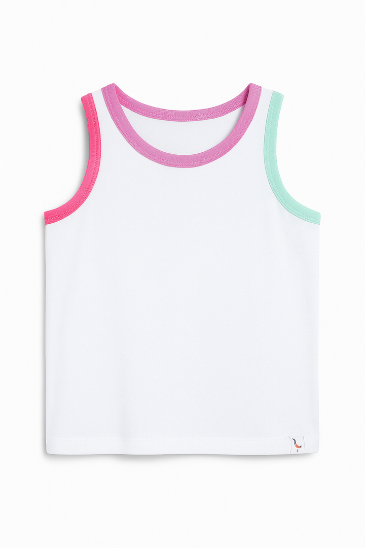 White tank top with pink, orchid and aqua trim on a white background