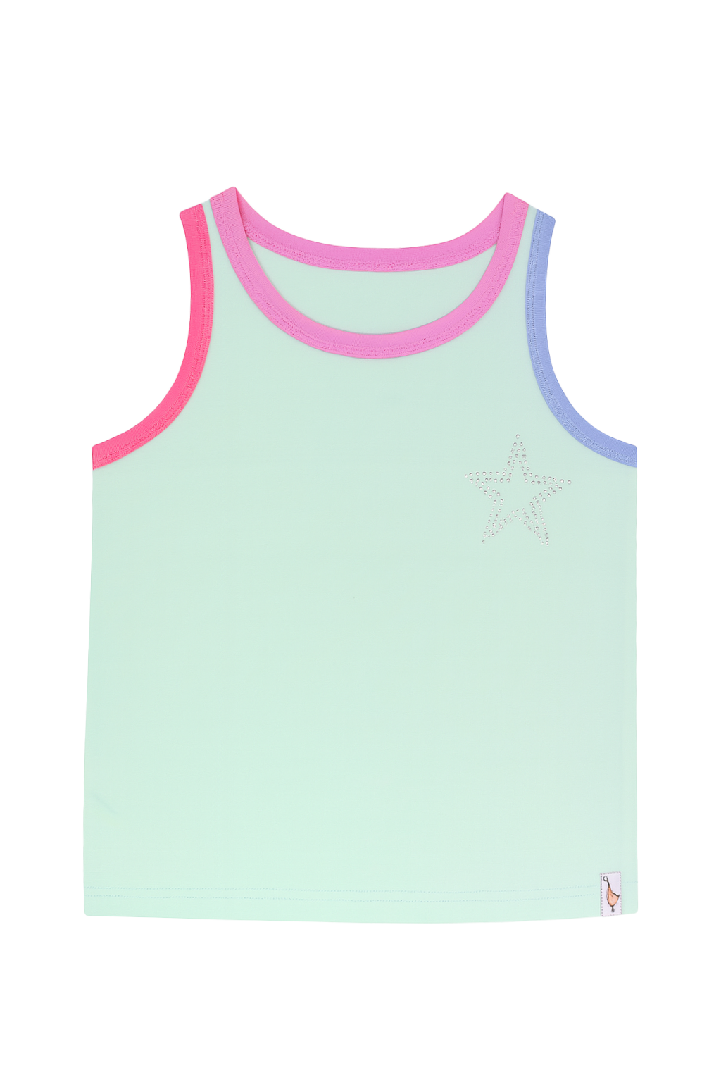 Pastel aqua tank top with pink and periwinkle trim on a white background